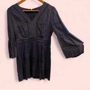 Ann Taylor dark navy boho classic ruffle sleeve dress cutout crochet vneck midi